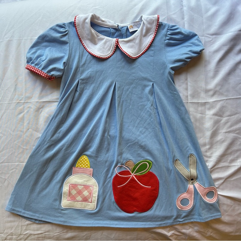 Abby & Evie Blue Dress with School Appliqués